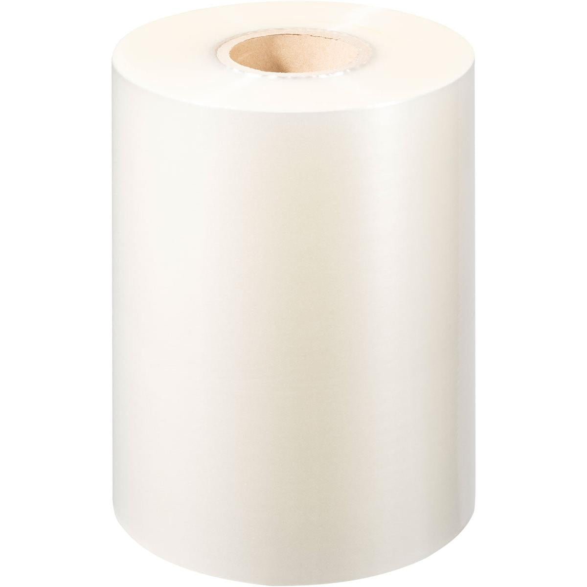 A roll of Duni GmbH PP sealing film Antifog, with a cardboard core, stands upright on a white background. This shiny film is equipped with an antifog coating and is therefore perfect for food packaging and packaging purposes.