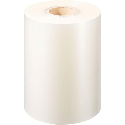 A roll of Duni GmbH PP sealing film Antifog, with a cardboard core, stands upright on a white background. This shiny film is equipped with an antifog coating and is therefore perfect for food packaging and packaging purposes.