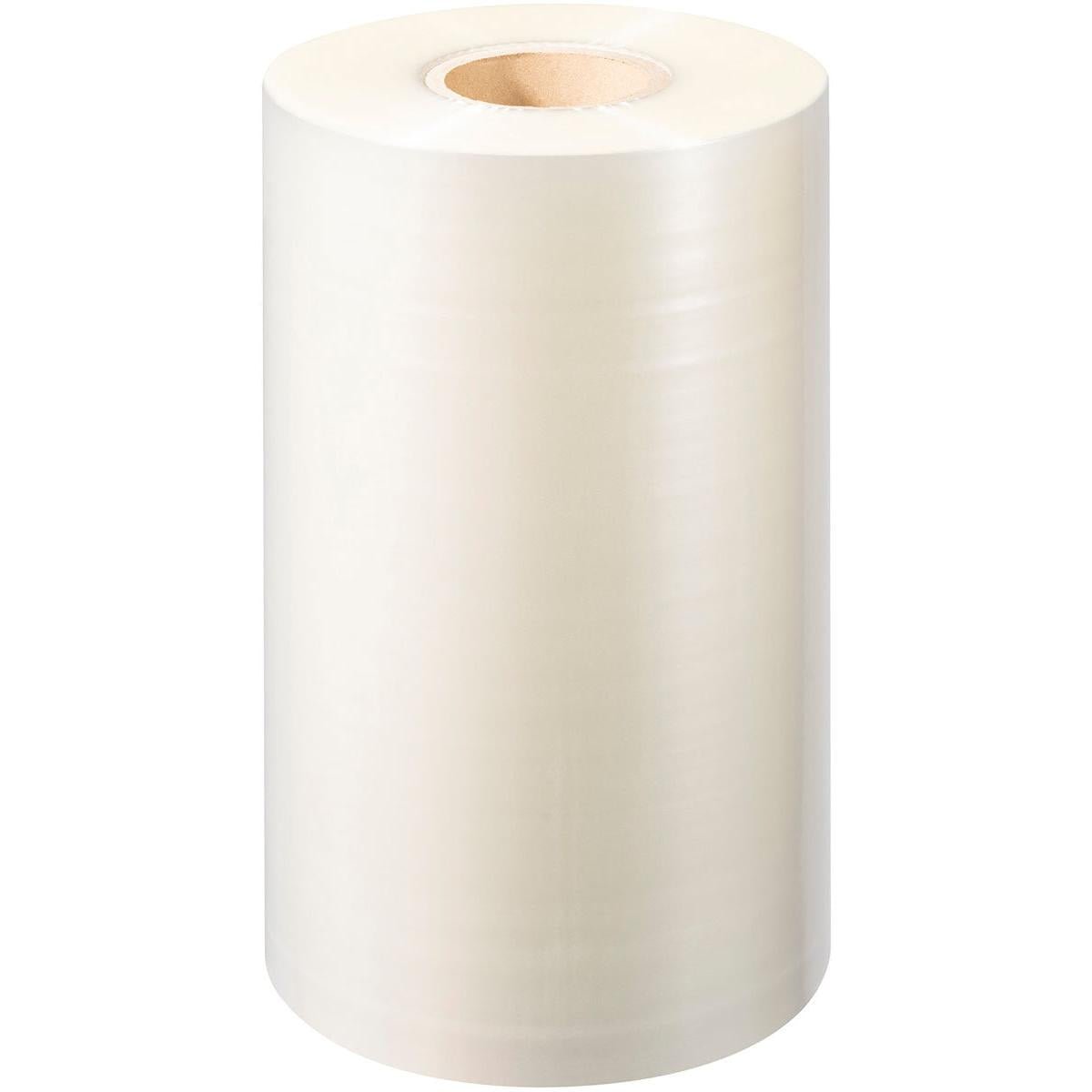 The PP sealing film Antifog by Duni GmbH, a large clear plastic stretch film with a cardboard core, ideal for food packaging, stands upright against a white background.