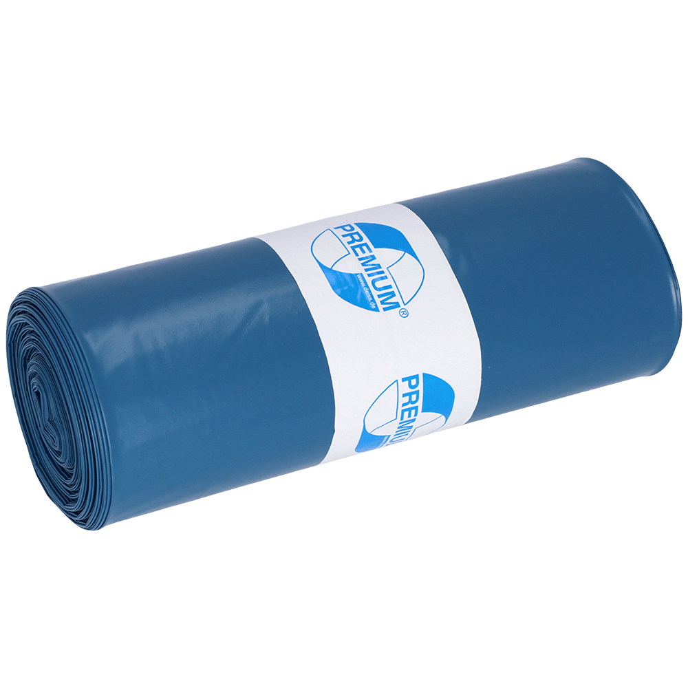 A tightly rolled blue plastic bag from EMIL DEISS KG (GmbH + Co.) with the label "PREMIUM" and a recycling symbol. The DEISS garbage bags 575x1000x0.01 mm made of LDPE 70 l are excellent for efficient and environmentally friendly waste disposal. Solid white background.