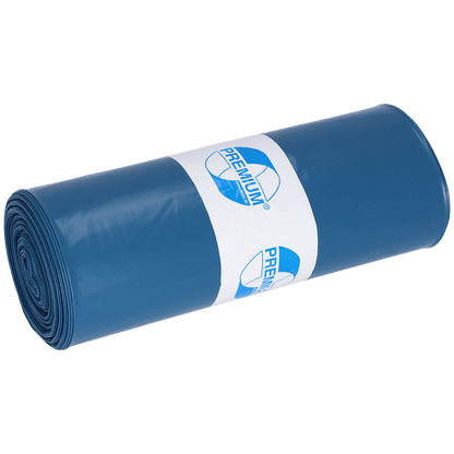 A tightly rolled blue plastic bag from EMIL DEISS KG (GmbH + Co.) with the label "PREMIUM" and a recycling symbol. The DEISS garbage bags 575x1000x0.01 mm made of LDPE 70 l are excellent for efficient and environmentally friendly waste disposal. Solid white background.