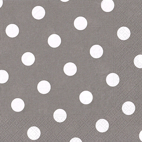 Die 20 Servietten der PAPSTAR GmbH sind grau, 3-lagig, 40 x 40 cm mit gleichmäßig verteilten weißen Punkten und einem strukturierten Randdesign.