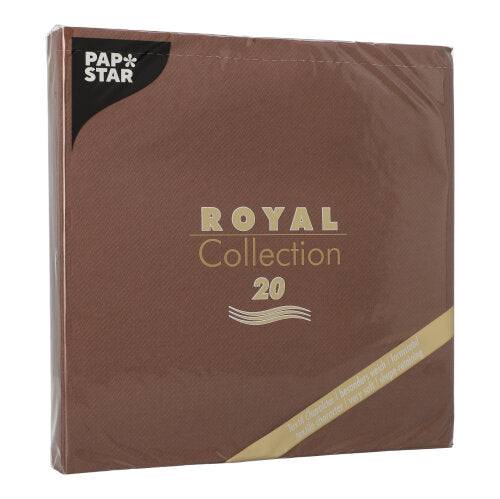 A brown square pack of PAPSTAR 20 napkins "ROYAL Collection" 1/4-fold (40x40 cm) from PAPSTAR GmbH, with golden and white lettering, shrink-wrapped in clear plastic - ideal for table decoration.