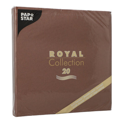 A brown square pack of PAPSTAR 20 napkins "ROYAL Collection" 1/4-fold (40x40 cm) from PAPSTAR GmbH, with golden and white lettering, shrink-wrapped in clear plastic - ideal for table decoration.