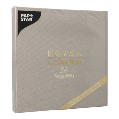 Pictured is a beige pack of PAPSTAR GmbH 20 napkins "ROYAL Collection" 1/4-fold (40x40 cm), perfect for stylish table decoration. The gold-white product name is on the front, the napkins are wrapped in clear foil.