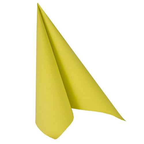 A single yellow PAPSTAR 20 Napkins "ROYAL Collection" 1/4-fold 40x40 cm by PAPSTAR GmbH is folded with a tip pointing upwards into a standing triangle, emphasizing its high-quality elegance.
