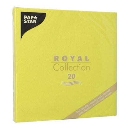 A 20-pack of yellow PAPSTAR napkins "ROYAL Collection" (1/4-fold, 40x40 cm) made from FSC-certified material in a plastic package with elegant gold-silver lettering. Brand: PAPSTAR GmbH.