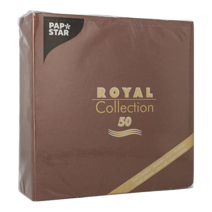 Eine braune PAPSTAR GmbH-Packung mit 50 Servietten "ROYAL Collection" 1/4-Falz 40x40 cm mit goldener und weißer Schrift und einem stilvollen Wellenlinien-Design.