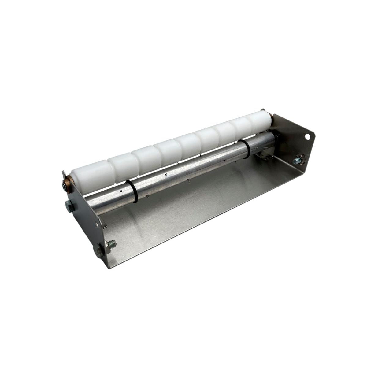 Ein Metallbügel hält eine Duni GmbH Nagelwalze DF25 320x100x68 mit weißen zylindrischen Segmenten, montiert auf zwei Stangen und gesichert mit Endbolzen, ideal für die Befestigung von Nägeln, platziert auf einer flachen Metallunterlage. Packung: 1 Stück.