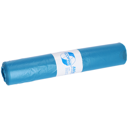 A blue roll of DEISS ECOFINE® waste bags 13900 (120L, recycled LDPE/LLDPE) from EMIL DEISS KG (GmbH + Co.) with a white label with text and logo on a white background - ideal for environmentally responsible disposal.