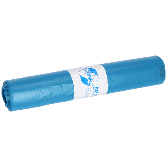 Eine blaue Rolle DEISS Abfallsäcke 700x11000 mm, 120 l, von EMIL DEISS KG (GmbH + Co.), aus Recycling-LDPE/LLDPE mit weißem Etikett mit Branding und Produktangaben für eine umweltfreundliche Abfalllösung.