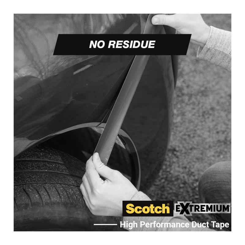 A person removes black tape from the wheel arch of a car. Above it reads "NO RESIDUE," highlighting the 3M Deutschland GmbH Scotch® Extremium™ No Residue High Performance Duct Tape, 18.2 m x 48 mm. The image is in bold black and white.