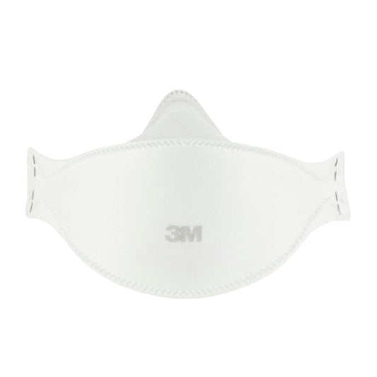 Eine 3M™ Aura™ Komfort-Partikelmaske 9320+ FFP2, ohne Ventil, von 3M Deutschland GmbH ist frontal auf weißem Hintergrund zu sehen; die weiße Einwegmaske trägt das "3M" Logo. Packung mit 5 Stück oder einzeln erhältlich.