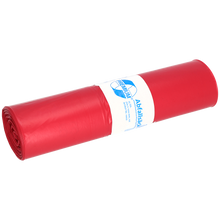 Abgebildet ist eine Rolle DEISS 11002 rote Müllbeutel (700x1100x0,06 mm, 25 Stück) der EMIL DEISS KG mit weißem Etikett und blauem Text auf weißem Hintergrund.