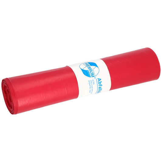 Abgebildet ist eine Rolle EMIL DEISS KG (GmbH + Co.) DEISS 11021 - 700x1100 mm Typ 60 rot Müllsäcke (25 Stück) mit weiß-blauem Etikett auf einfarbig weißem Hintergrund.
