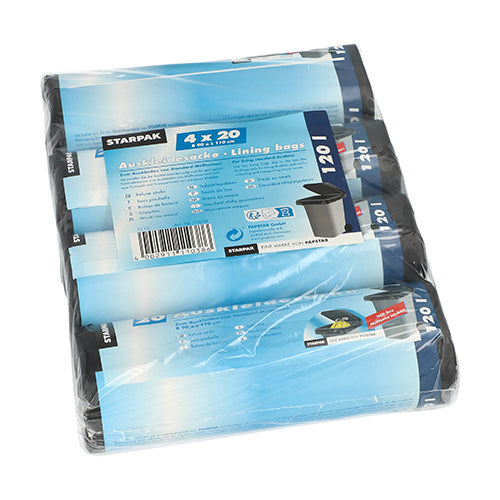 Eine Packung Starpak 80 Auskleidesäcke für 120-Liter-Mülltonnen (110 x 90 cm, schwarz) enthält 80 Säcke, eingewickelt in klare Schrumpffolie, mit blau-weißer Beschriftung.