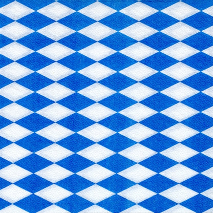 The PAPSTAR GmbH 100 napkins, 1-ply 1/4-fold 33 x 33 cm, are adorned with a blue and white diamond pattern in a Bavarian style and are FSC-certified and environmentally friendly.