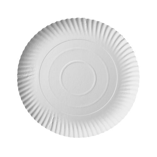 Der PAPSTAR GmbH 29 50 Teller, Pappe "pure" rund - weiß ist ein schlichter, runder, weißer Pappteller mit geriffeltem Rand und konzentrischen Kreisen, fotografiert auf weiß. Perfekt als umweltfreundlicher 29 cm Teller für jeden Anlass.