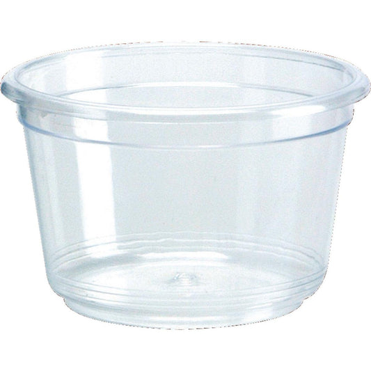 Der Dressingbecher Transparent PS 47x47x29 der Duni GmbH ist ein klarer, breitrandiger Leerbehälter mit abgeschrägten Seiten, abgebildet auf weißem Hintergrund. Erhältlich in Packungen mit 50 Stück.