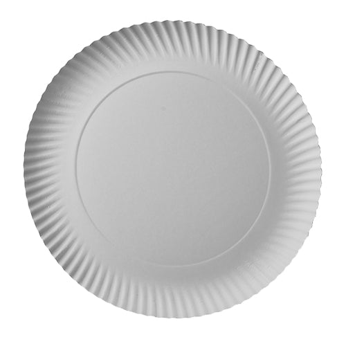 The PAPSTAR GmbH 100 plates, cardboard "pure" round is a simple white, round paper plate with a raised, corrugated edge, from above on a white background - made from FSC-certified material for environmentally friendly use.