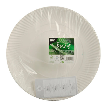 A pack of 100 round white PAPSTAR GmbH "pure" paper plates made from FSC-certified, sustainable material, packed in plastic with a green-white label in the middle showing the product information.