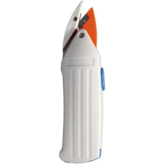 Der weiße Duni GmbH Rollenschneider inkl. Batterien | 1 Rolle verfügt über einen blauen Seitenknopf, einen orangefarbenen Sicherheitsschutz und eine abgewinkelte, freiliegende Klinge - perfekt, um Papierrollen mit Leichtigkeit zu schneiden.