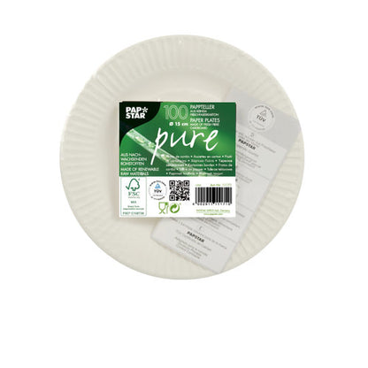 A round white PAPSTAR 100 plates, cardboard "pure" round from PAPSTAR GmbH with a green-white-black central label, FSC-certified, 18 cm in diameter, containing 100 sustainable cardboard plates.