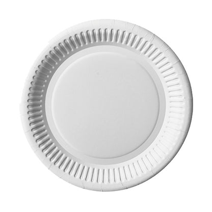 A PAPSTAR GmbH PAPSTAR 100 plates, cardboard "pure" round is depicted from above on a white background. The FSC-certified round plate has a raised, corrugated edge and a smooth center.