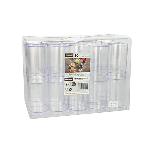 Eine transparente Kunststoffverpackung fasst 30 Starpak Fingerfood-Becher (PS, 60 ml, Ø 4 cm · 7,5 cm, glasklar), die in drei Reihen gestapelt sind. Ein Frontetikett zeigt Produktdetails und Bilder der in den Bechern servierten Getränke.
