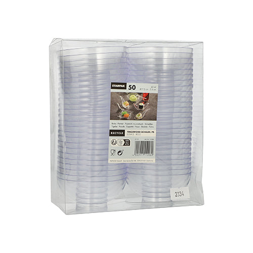 Das Starpak 50 Fingerfood-Schalen-Set beinhaltet transparente Einwegbecher aus PS in einer durchsichtigen Kunststoffverpackung mit einem Etikett mit der Marke, dem Recyclingsymbol sowie Bildern von Getränken und Snacks – ideal für Veranstaltungen.