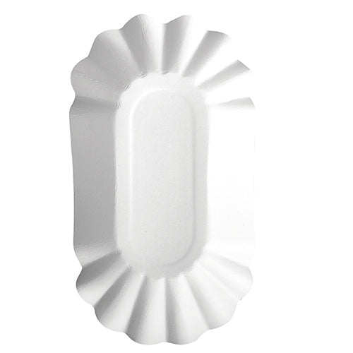 Ein ovales, weißes, FSC-zertifiziertes Papiertablett (PAPSTAR 250 Schalen, Pappe "pure" oval weiss von PAPSTAR GmbH) mit Wellenkanten, von oben gesehen vor einem einfarbigen Hintergrund.