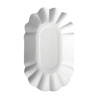 The oval white disposable plate "pure" from PAPSTAR GmbH (PAPSTAR 250 bowls) is FSC-certified, has a ribbed edge, and is depicted from above on a plain-colored background.