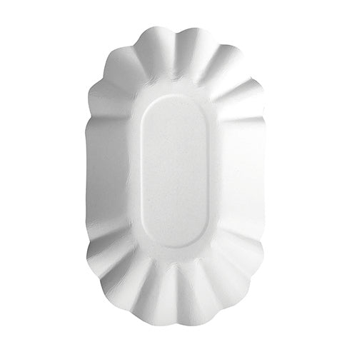 Der ovale weiße Einwegteller "pure" der PAPSTAR GmbH (PAPSTAR 250 Schalen) ist FSC-zertifiziert, hat einen geriffelten Rand und ist von oben auf einem unifarbenen Untergrund abgebildet.