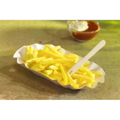 An oval white tray from PAPSTAR GmbH 250 bowls, cardboard "pure" with yellow French fries and a wooden fork on a table, in the background a small bowl with brown dip sauce and mayonnaise.
