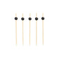 Five PAPSTAR 250 finger food picks from PAPSTAR GmbH, eco-friendly wooden skewers with black beads at the top, are arranged vertically in a row against a plain white background.