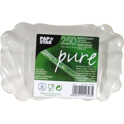 A rectangular, white disposable paper tray from PAPSTAR GmbH with a wavy edge. The label reads "PAPSTAR pure" and contains 100 environmentally friendly cardboard trays (9x14x1.3 cm) for catering needs.