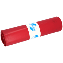 A roll of red DEISS 11306 garbage bags (800x1000x0.1 mm, 15 pieces) from EMIL DEISS KG (GmbH + Co.), packaged in a white label with blue text and graphics, is depicted on a plain light background.