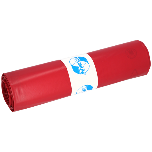 Eine Rolle roter DEISS 11306 Müllsäcke (800x1000x0,1 mm, 15 Stück) der EMIL DEISS KG (GmbH + Co.), verpackt in einem weißen Etikett mit blauem Text und Grafik, ist auf einem schlichten hellen Hintergrund abgebildet.
