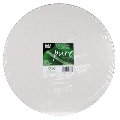 A transparent stack of round white cake boards wrapped in plastic, labeled “PAPSTAR "100 'pure' round cardboard cake bases" from the PAPSTAR GmbH – 100 pieces per package, ideal for the food service industry and known for their quality.