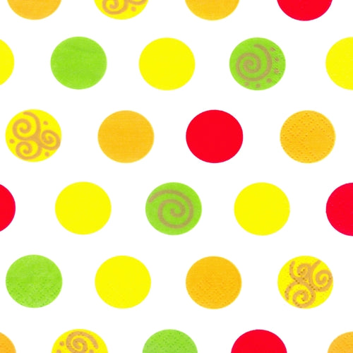 Die PAPSTAR 20 Servietten (33x33 cm, 3-lagig) der PAPSTAR GmbH zeigen ein gleichmäßiges Muster aus roten, gelben, grünen und orangefarbenen Punkten - zum Teil mit Spiralmuster - auf weißem Untergrund. Das Design Set 6 bietet eine farbenfrohe Dekoration für jeden Tisch.