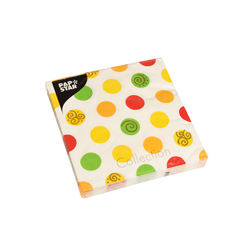 Eine Packung PAPSTAR GmbH 20 Servietten, 33x33 cm, 3-lagig (Design Set 6) mit weißem Hintergrund und gelben, orangefarbenen, grünen und roten Punktmustern, teilweise mit Spiralen; an der Ecke mit "Pap Star Collection" beschriftet.