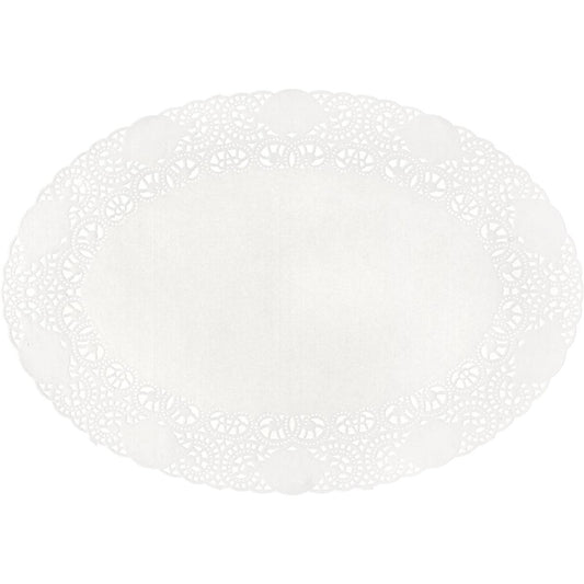 Die Duni GmbH Tortenspitzen Oval 24 x 17cm weiß (Packung mit 250 Stück) haben einen spitzen, dekorativen Rand und eine feste Mitte - ideal für Tortendeko - von oben auf einem unifarbenen Hintergrund.