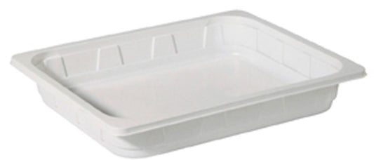 Die Duni GmbH PP Schale 1/2 GN Weiß PP 325x265 ist ein rechteckiges, flaches weißes Tablett mit leicht erhöhtem Rand, ideal für die Gastronomie und perfekt als 1/2 GN-Behälter geeignet. Abgebildet vor einem schlichten weißen Hintergrund.