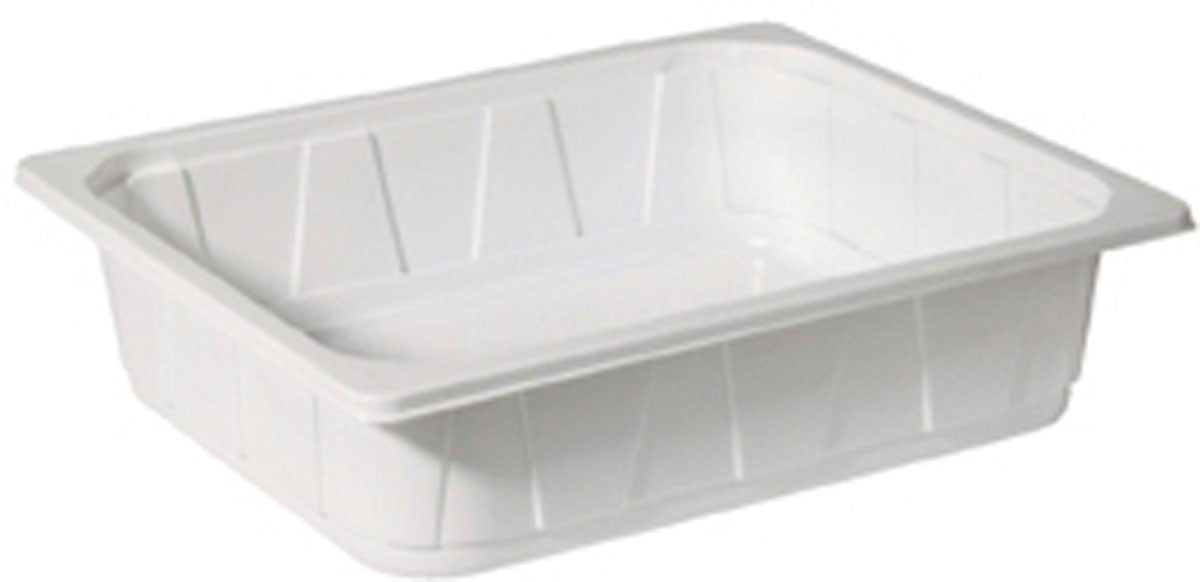 Die Duni GmbH PP Schale 1/2 GN Weiß PP 325x265 ist eine rechteckige, flache weiße Schale mit abgeschrägten Seiten und erhöhtem Rand - ideal für den vielseitigen Einsatz in der Gastronomie als zuverlässiger 1/2 GN-Behälter.