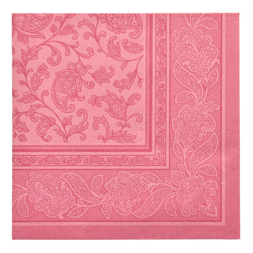 The PAPSTAR 20 Napkins "ROYAL Collection" (1/4-fold, 40x40 cm) by PAPSTAR GmbH present themselves in a pink checkered design with embossed paisley and floral border - perfect for a stylish table decoration in premium quality.