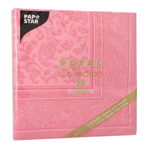 A 20-pack PAPSTAR "ROYAL Collection" 1/4-fold napkins (40x40 cm) from PAPSTAR GmbH with decorative paisley pattern and gold and white lettering - perfect for the elegant design of any table.