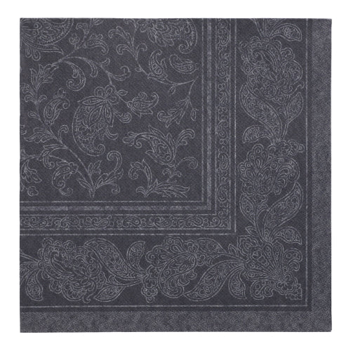 Dark gray PAPSTAR GmbH 20 Napkins "ROYAL Collection" (40x40 cm, 1/4 folded) with detailed paisley and floral border pattern, fine lines, and subtle border - made from high-quality tissue.