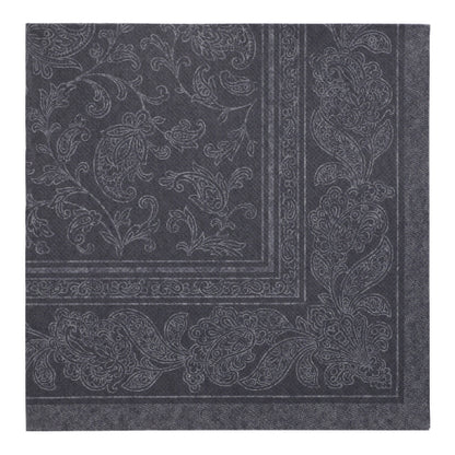Dark gray PAPSTAR GmbH 20 Napkins "ROYAL Collection" (40x40 cm, 1/4 folded) with detailed paisley and floral border pattern, fine lines, and subtle border - made from high-quality tissue.
