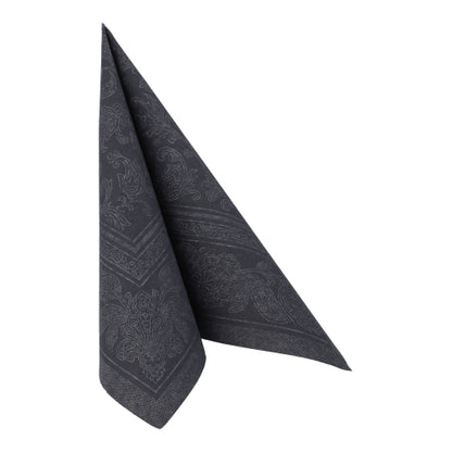 A folded dark gray napkin from the ROYAL Collection of PAPSTAR GmbH (20 pieces, 40x40 cm, 1/4-fold) with a subtle paisley pattern stands upright with pointed ends.