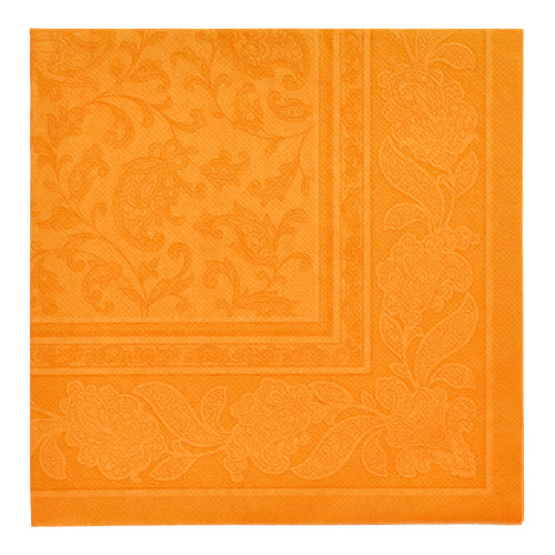 The napkins "ROYAL Collection" 1/4-fold 40x40 cm by PAPSTAR GmbH 20 Napkins in orange have an embossed floral and leaf border with a subtle swirl design in the center - ideal for elegant table decoration.